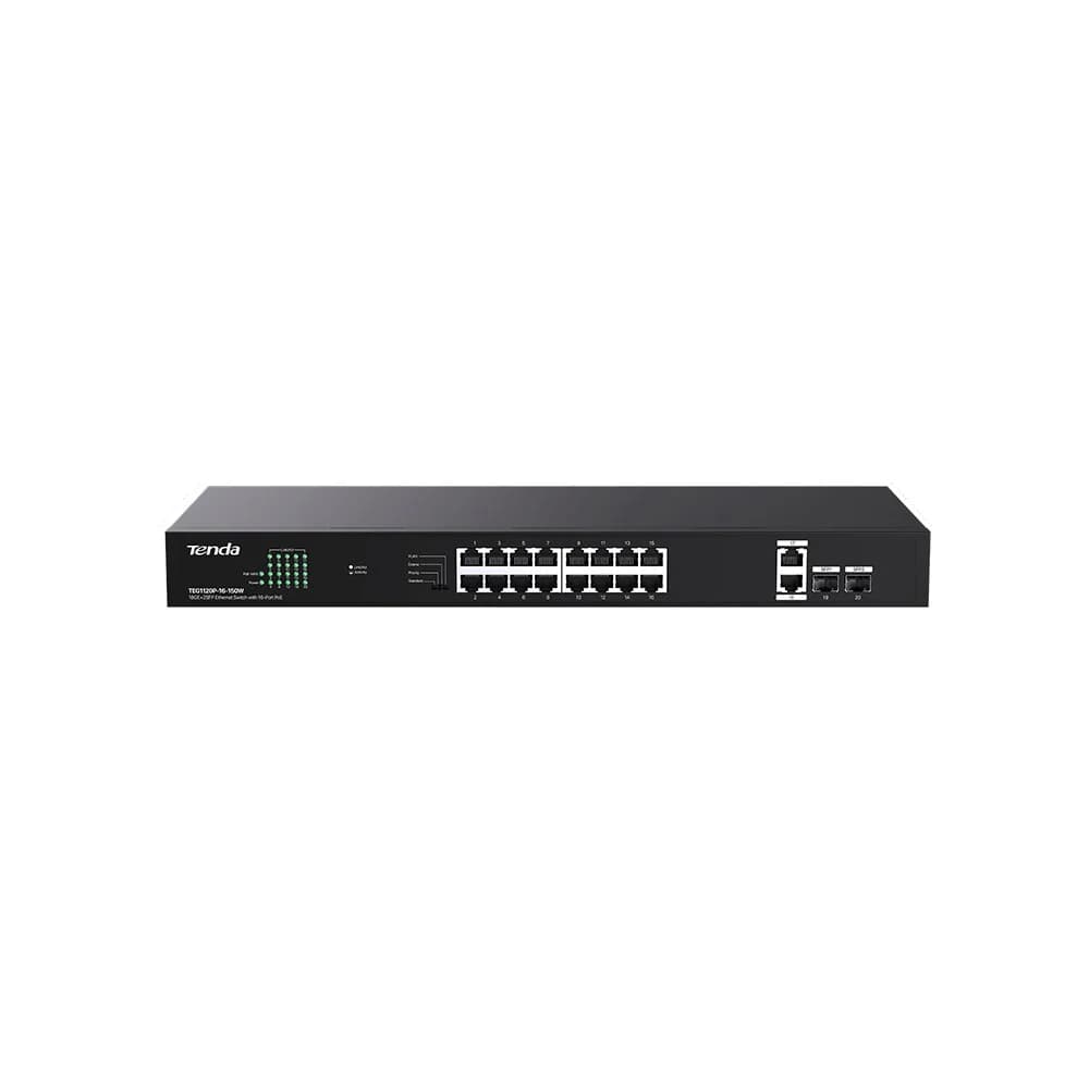 Tenda TEG1120P-16-150W Коммутатор неуправляемый PoE, 18 портов, 18x1 Гбит/с, PoE 16х30 Вт (до 150Вт), SFP 2x1 Гбит/с