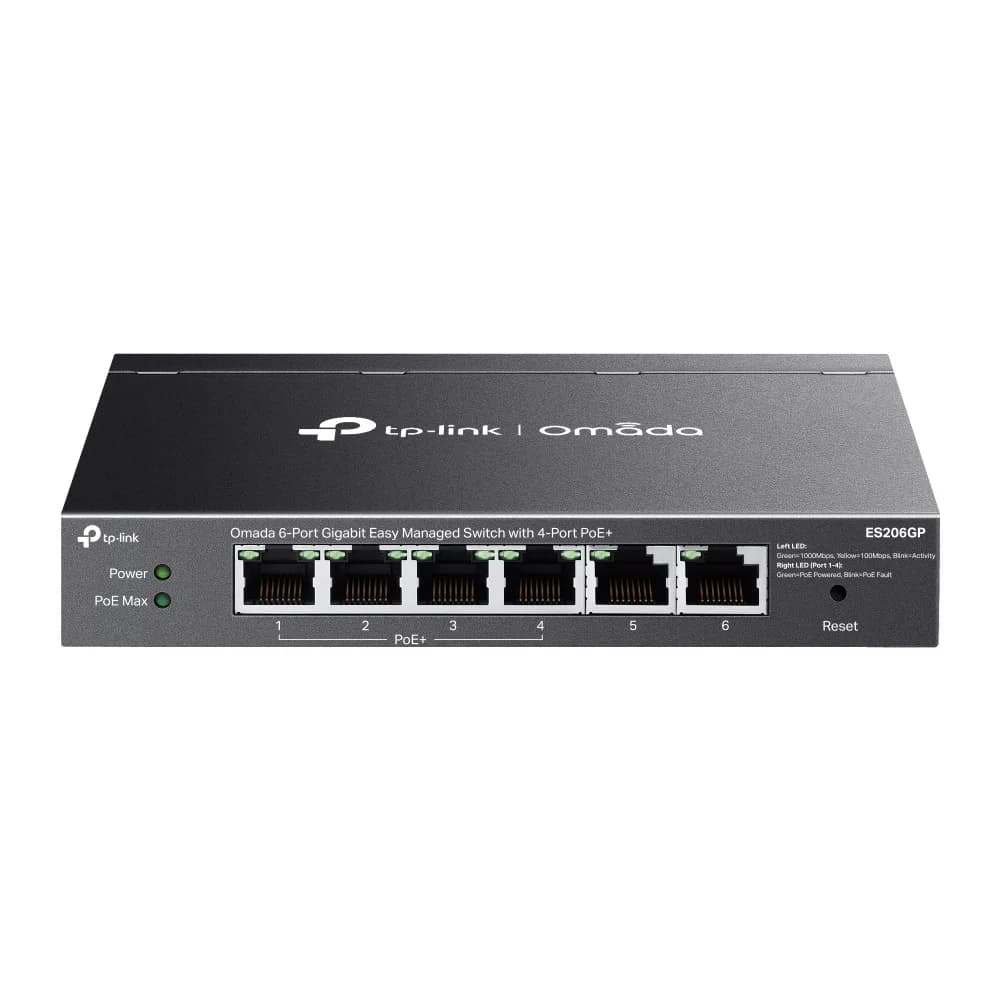 Коммутатор PoE+ GbE Easy Managed 6-портовый TP-Link Omada ES206GP < 4 порта GbE 802.3af/at PoE+, 2 порта GbE, IGMP Snooping, бюджет мощности PoE 65W, Omada SDN, 32 группы VLAN, PoE до 250 м, QoS,