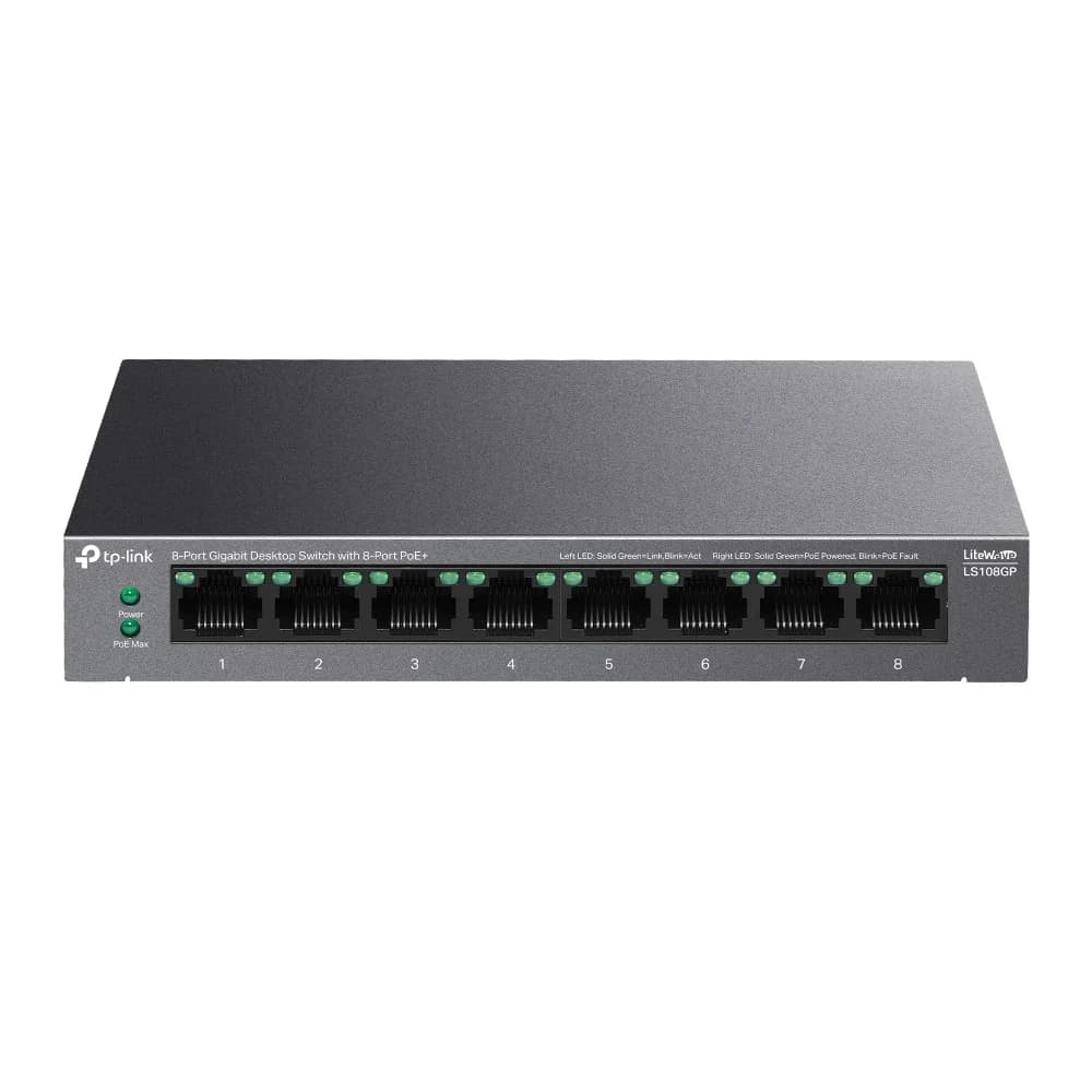 Коммутатор PoE+ GbE 8-портовый Tp-Link LS108GP < 8 портов PoE+ 802.3 af/at (до 30 Вт), режим расширения (передача данных и подача питания по PoE на расстояние до 250 м), Режим восстановления PoE A