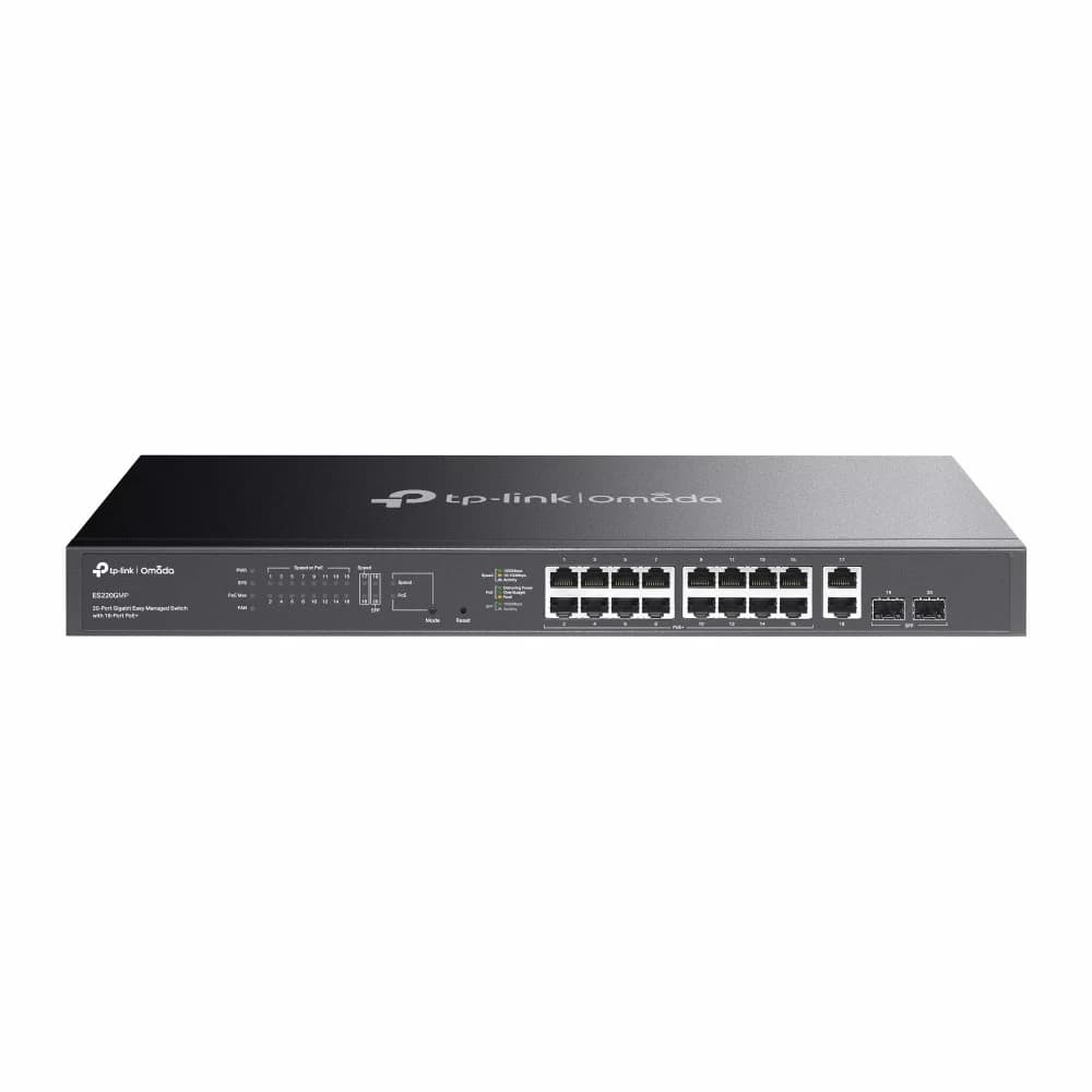 Коммутатор PoE+ GbE Easy Managed 20-портовый TP-Link Omada ES220GMP < Omada 16 портов GbE 802.3af/at PoE+, 2 порта GbE RJ45, 2 гигабитных SFP порт, QoS 802.1p/DSCP, IGMP Snooping, бюджет мощности