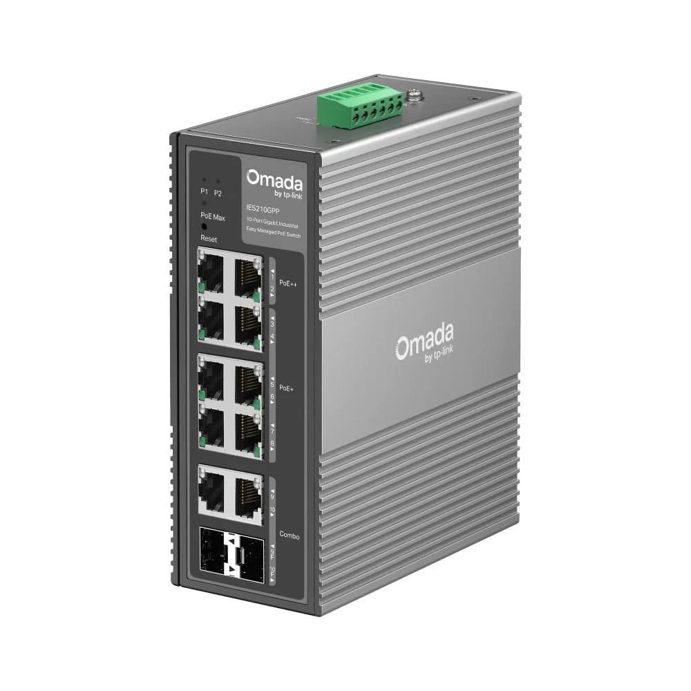 Коммутатор индустриальный PoE+ Smart GbE 10-портовый Tp-Link IES210GPP < JetStream™ 8 портов GbE(2× PoE++, 6× PoE+), 2 комбинированых GbE порта RJ45/SFP, бюджет мощности PoE 240W, интеграция с Oma