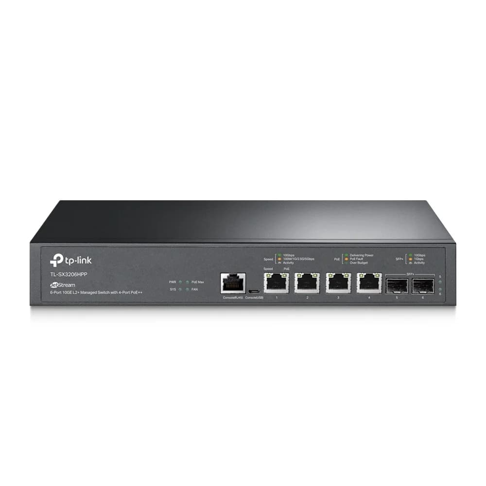TP-Link TL-SX3206HPP JetStream управляемый коммутатор 10 Гбит/с уровня 2+ с четырьмя портами PoE++ и двумя слотами SFP+