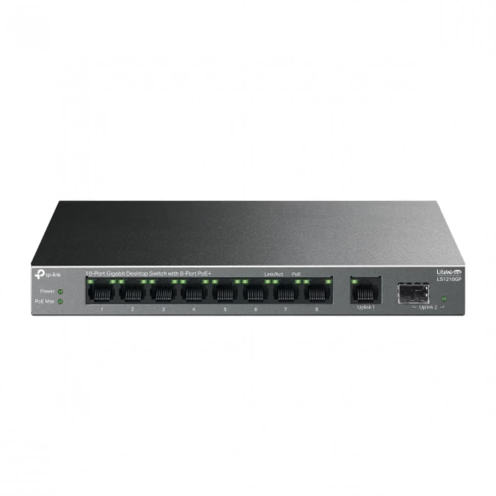 Коммутатор PoE+ GbE 10-портовый Tp-Link LS1210GP < 10-портовый гигабитный настольный коммутатор,с 8 портами PoE+ IEEE 802.3af/at, бюджет мощности PoE 61W, 1 порт SFP >