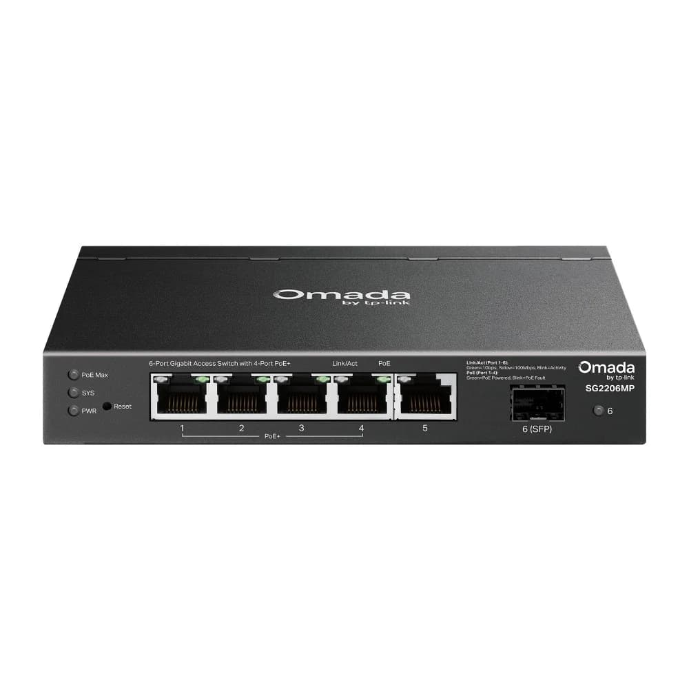 Коммутатор PoE+ Smart GbE 6-портовый TP-Link SG2210MP < Omada 4 порта GbE 802.3af/at (max 30W на порт), 1 порт GbE RJ45, 1 Гигабитных SFP-слот, коммутационная матрица 12 Гбит/с, бюджет мощности Po