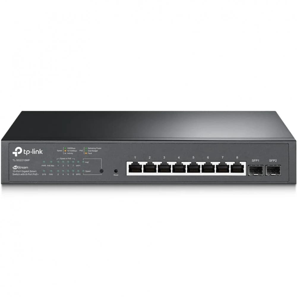Коммутатор PoE+ Smart GbE 8-портовый Tp-Link SG2210MP JetStream™ 8 портов GbE 802.3af/at (max 30W на порт), 2 гигабитных SFP-слота, коммутационная матрица 20 Гбит/с, бюджет мощности PoE 150W, интегр