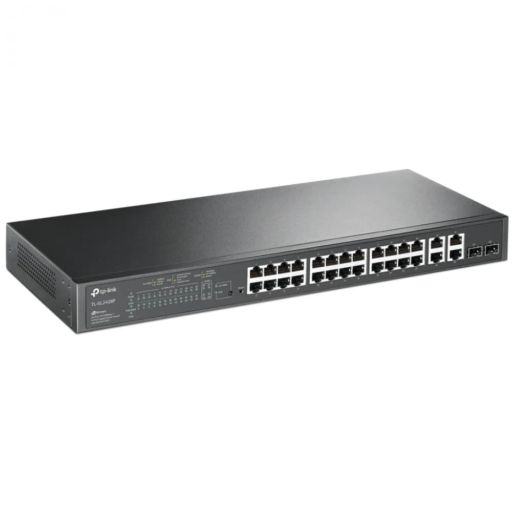 Коммутатор, TP-Link, SL2428P, JetStream 24 порта RJ45 10/100 Мбит/с с 4 гигабитными портами и 2 гигабитных комбо SFP-слота, Управляемый, РоЕ 250 Вт
