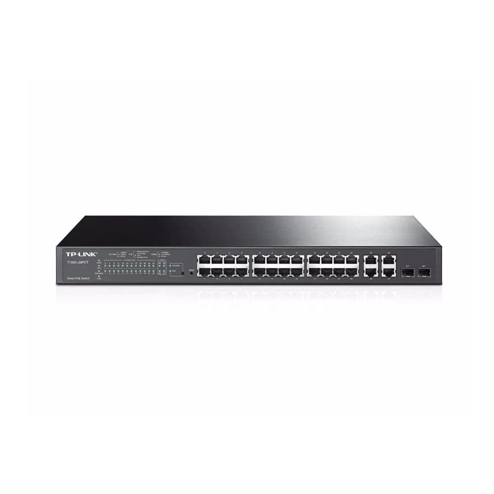 Коммутатор PoE+ Smart 24-портовый Tp-Link T1500-28PCT (TL-SL2428P) 24 порта 10/100 PoE+ 802.3at/af (max 30W на порт) + 4 Gigabit RJ45 (2 Combo SFP), бюджет мощности PoE 180W