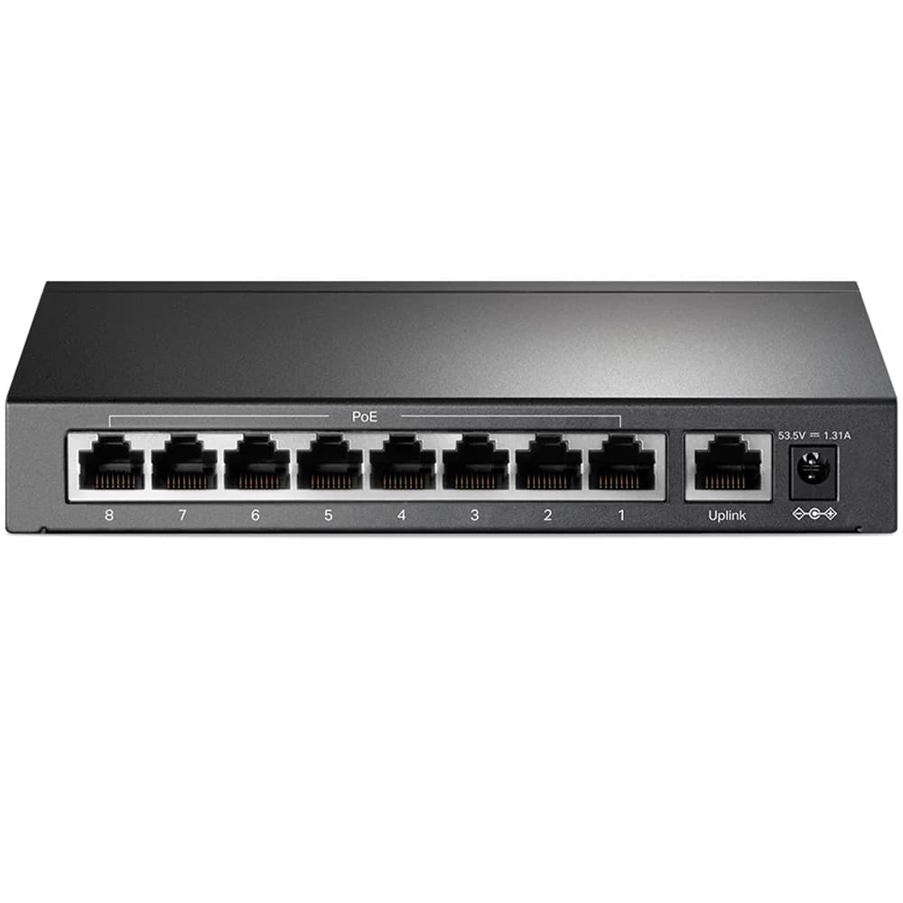 9-портовый 10/100 Мбит/с неуправляемый PoE коммутатор, 8 портов PoE+, IEEE 802.3af/at, бюджет PoE 65 Вт, стальной корпус, режим Extend Mode для передачи PoE до 250 метров, приоритетный режим на пор