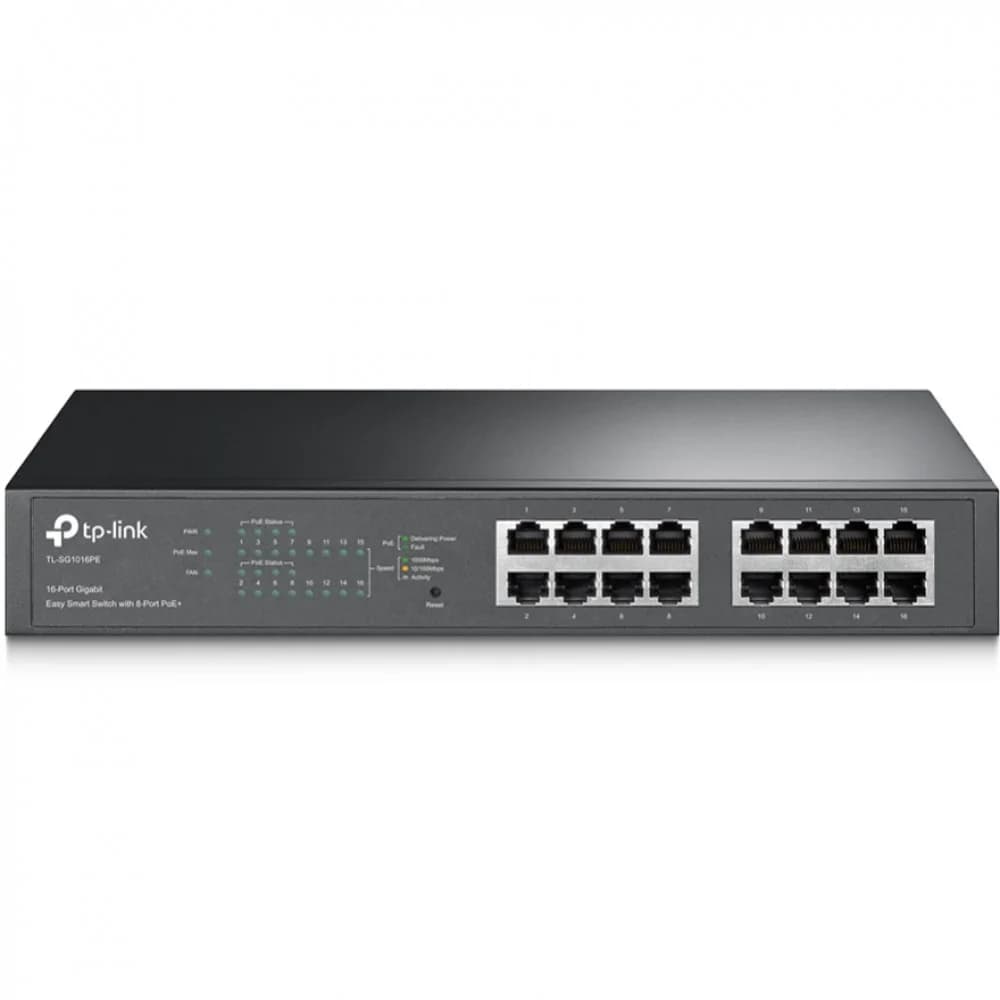 Коммутатор PoE+ GbE Easy Smart 16-портовый Tp-Link TL-SG1016PE 16 портов GbE (из них 8 портов с поддержкой PoE 802.3 af/at), QoS 802.1p/DSCP, IGMP Snooping, бюджет мощности PoE 110W, 32 VLAN, утилит