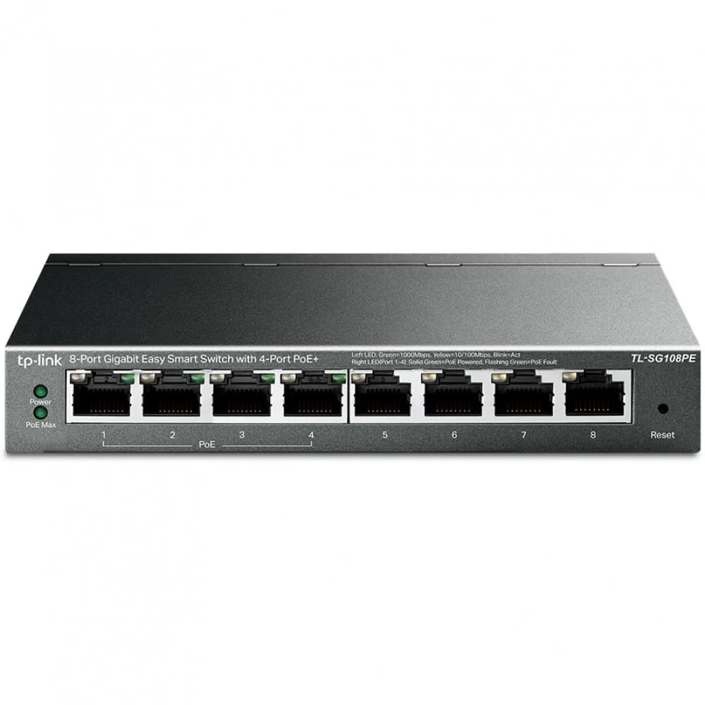 Коммутатор PoE+ GbE Easy Smart 8-портовый Tp-Link TL-SG108PE 8 портов GbE 4-Port PoE (Port1- Port4) IEEE 802.3af/at, QoS 802.1p/DSCP, IGMP Snooping, бюджет мощности PoE 65W, автовосстановление PoE,