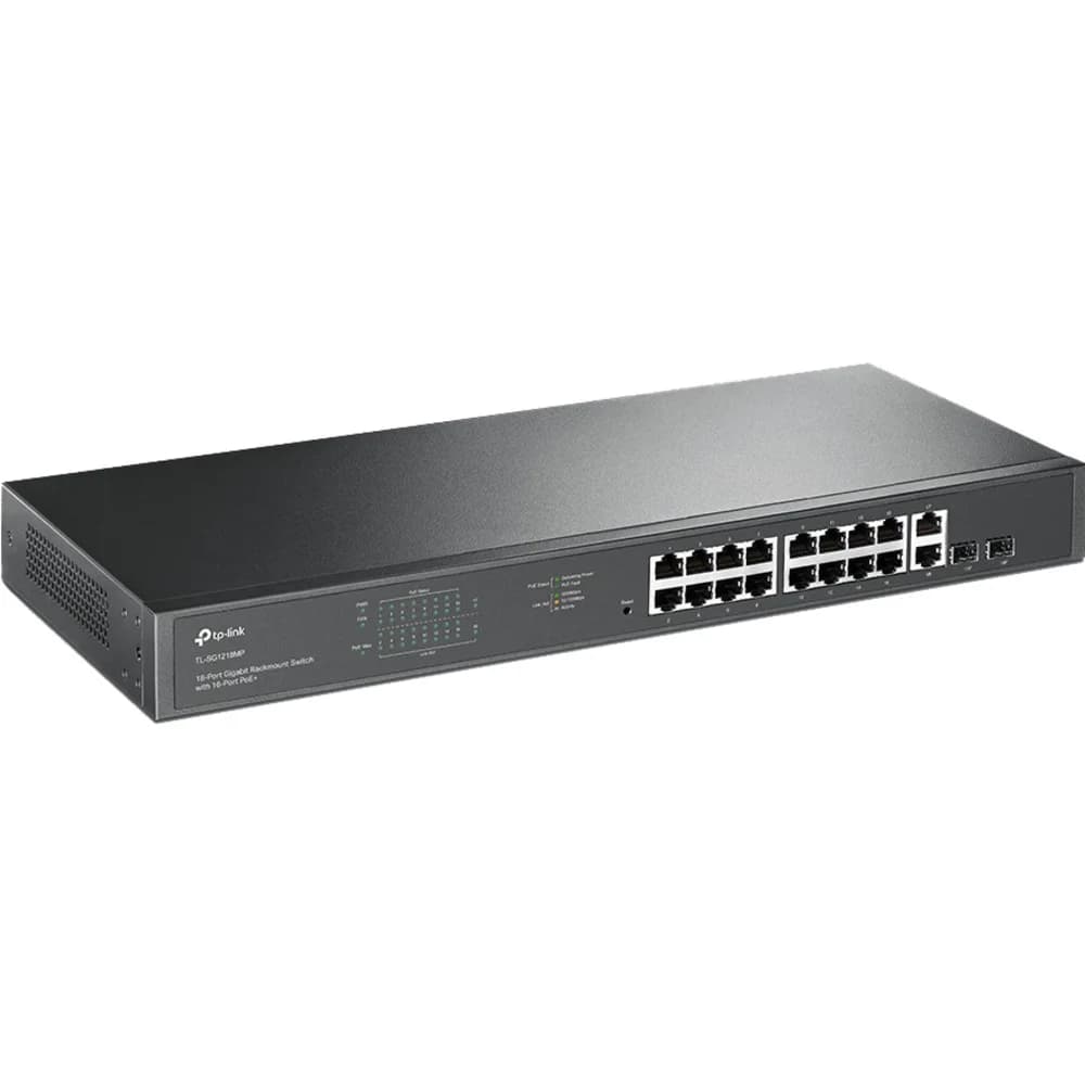 TL-SG1218MP 18-портовый гигабитный неуправляемый коммутатор с 16 портами PoE+, 18 портов RJ45 "10/100/1000 Мбит/с + 2 комбо-SFP слота, поддержка 802.3af/at, PoE-бюджет 250Вт, поддержка 802.1p/DHCP Q