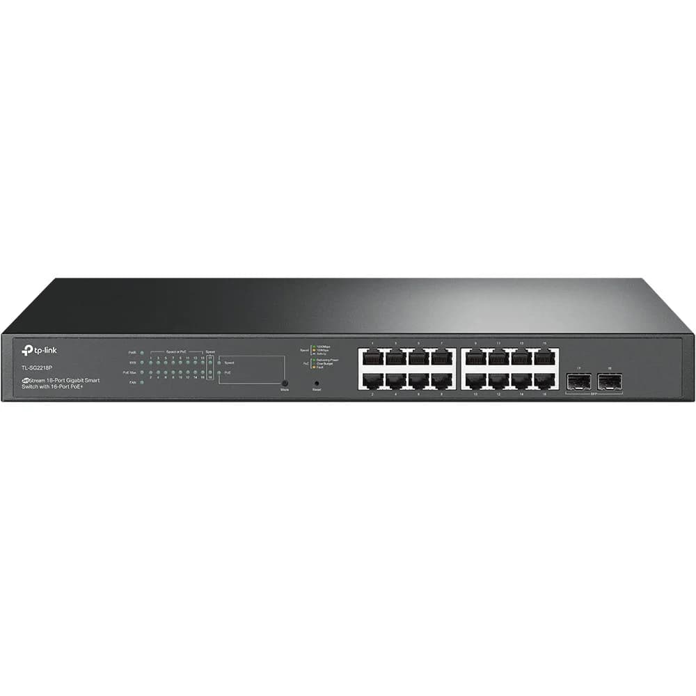 TP-Link TL-SG2218P JetStream 18-Port Gigabit Smart Switch with 16-Port PoE+,16× G RJ45 Ports,2× G SFP Slots,802.3at/af,150 W PoE Power,1U 19-inch Rack-mountable,Integration with Omada SDN Controller