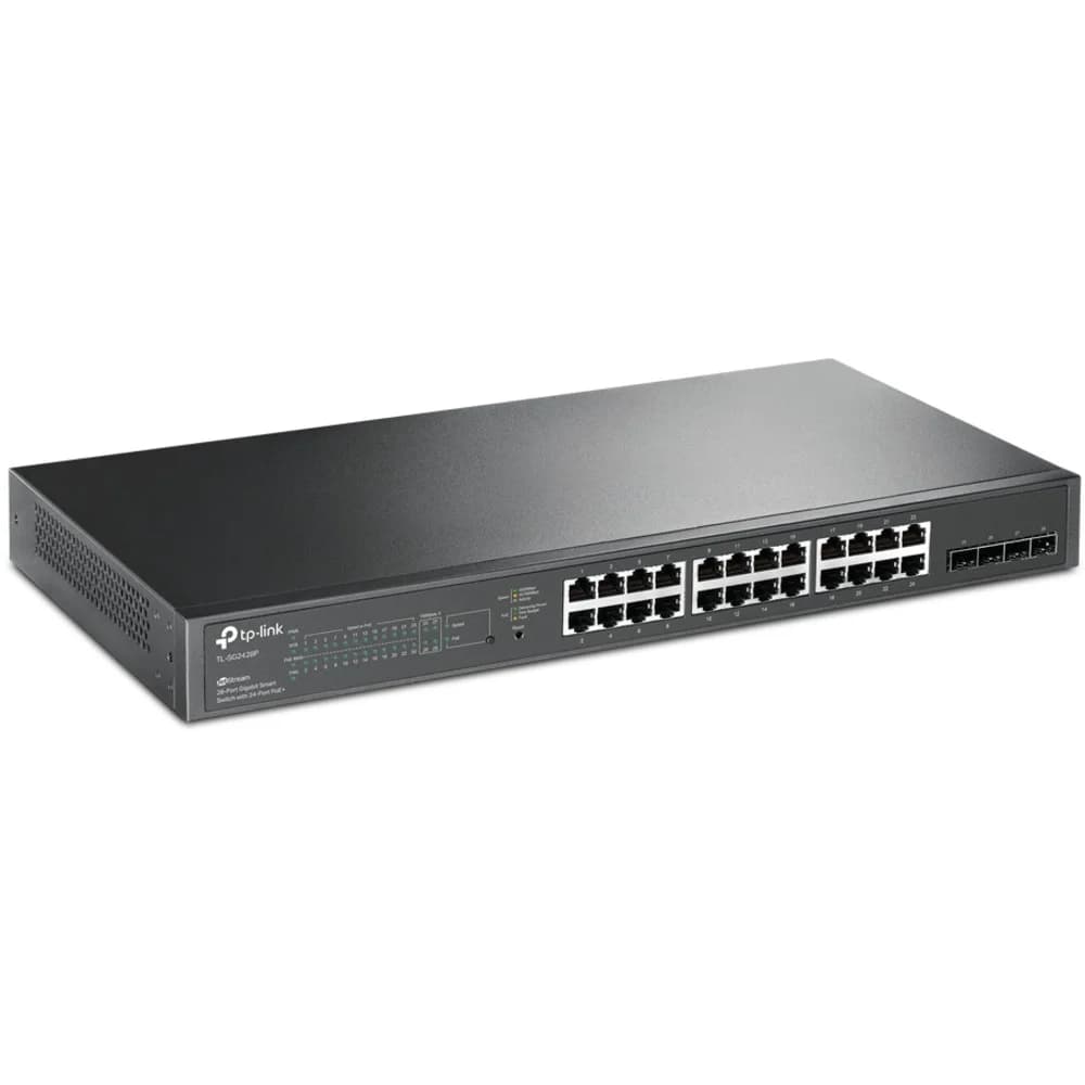 JetStream гигабитный Smart коммутатор на 24 порта PoE+ и 4 SFP-слота.Порты:24 гигабитных порта PoE+ и 4 гигабитных слота SFP для высокоскоростных подключений. Спецификация: 802.3at/af,Бюджет PoE: 25