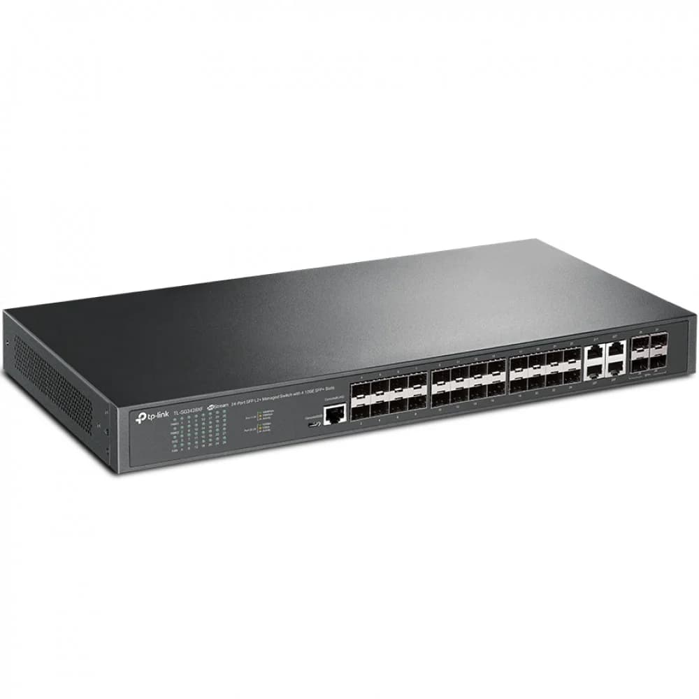 Коммутатор управляемый оптический SFP 24-портовый Tp-Link SG3428XF JetStream управляемый коммутатор уровня 2+, 24 слота Gigabit SFP, 4 комбинированых порта GbE, 4 слота 10 Gigabit SFP+ , 1 консольны