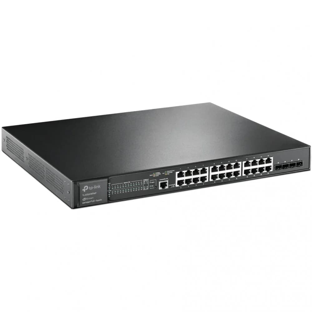 Коммутатор PoE+ управляемый GbE 24-портовый Tp-Link TL-SG3428XMP JetStream™ 24 порта GbE 802.3af/at (max 30W на порт), 4 SFP+ Slots 10GbE, 128Gbps, консольный порт управления, бюджет мощности PoE 38