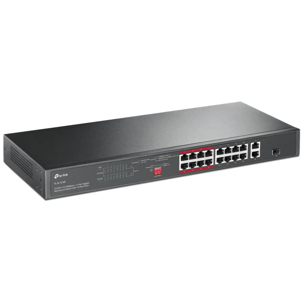 16-портовый 10/100 Мбит PoE+ коммутатор, 16 портов RJ45 10/100 Мбит/с + 1 независимый гигабитный RJ45 порт + 1 гигабитный комбинированный RJ45/SFP-слот, поддержка 802.3at/af, до 150 Ватт питание по