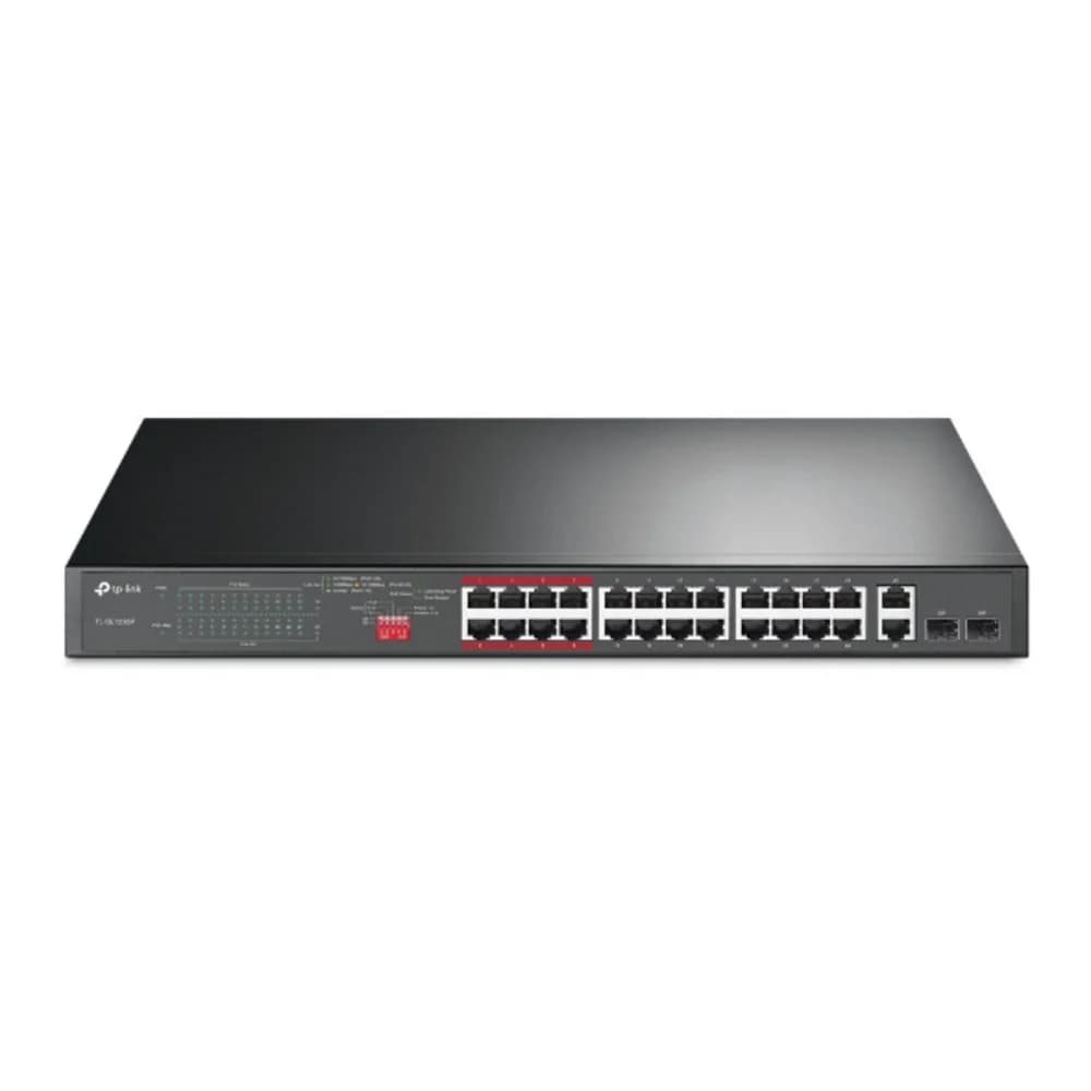TL-SL1226P 24-портовый 10/100 Мбит/с неуправляемый коммутатор PoE+ с 2 комбо Uplink-портами RJ-45/SFP, металлический корпус, установка в стойку, 24 порта PoE+ стандарта 802.3af/at, 2 гигабитных комб