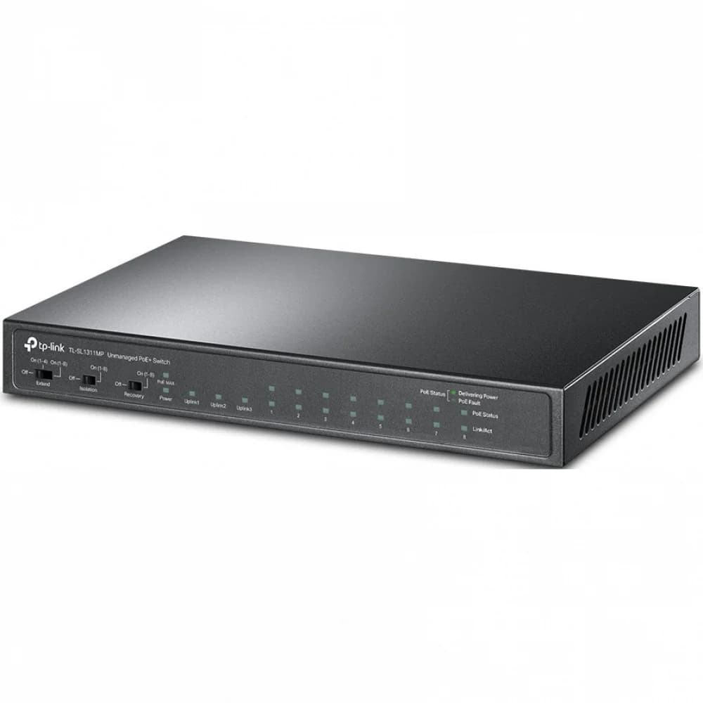 Коммутатор PoE+ 8-портовый Tp-Link TL-SL1311MP 8 портов RJ45 10/100Mbps PoE+ 802.3af/at, 2 GbE RJ45, 1 GbE SFP-порт, бюджет мощности PoE 124 Вт, режим Extend (до 250 м передачи данных и питания по P