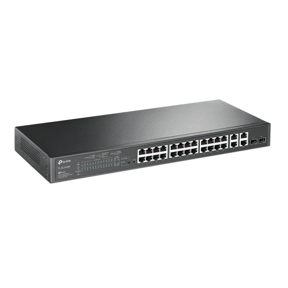Коммутатор, TP-Link, TL-SL2428P, JetStream 28‑портовый 10/100 Мбит/с Smart коммутатор с 4 гигабитными портами и 24 портами PoE+