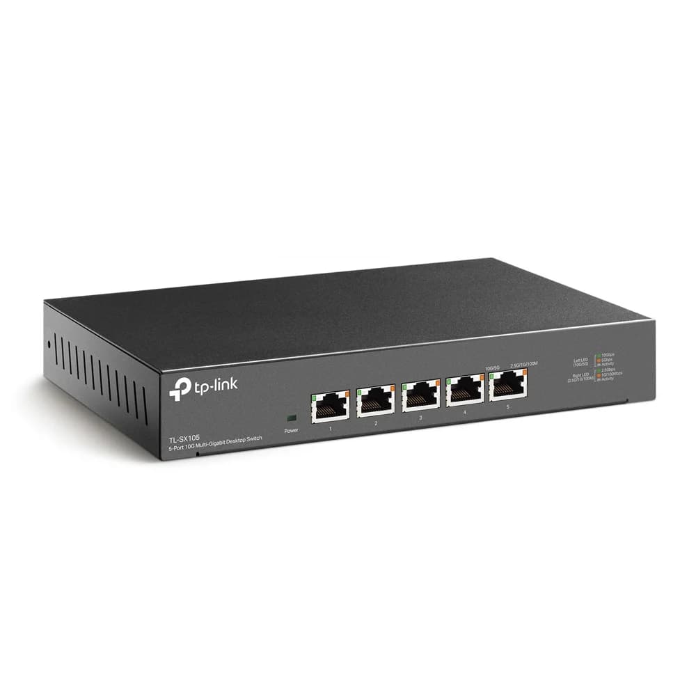 TL-SX105 5-портовый настольный неуправляемый коммутатор 10 Гбит/с, 5 портов RJ-45 100 Мбит/с / 1 Гбит/с / 2,5 Гбит/с / 5 Гбит/с / 10 Гбит/с, без вентиляторов, 12 В / 2 А постоянного тока, RTL {10}