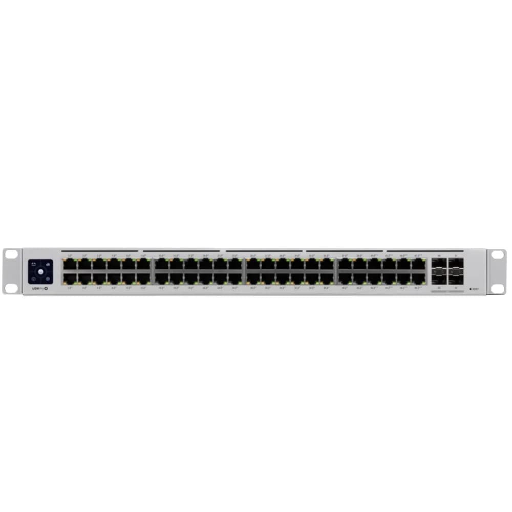 Ubiquiti USW-PRO-48-POE 48 port gigabit L3 PoE++ switch, 40 x GbE PoE+ Ports, 8 x GbE PoE++ ports, 4 x 10G SFP+ ports, 600W total PoE availability, Layer 3 switching, Near-silent cooling, LCM displa