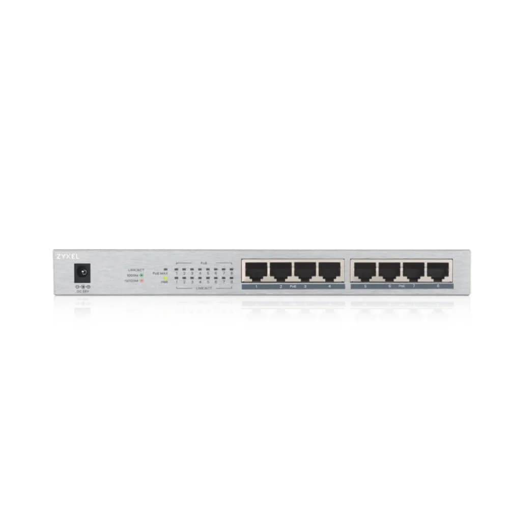 Zyxel GS1008HP, 8xGE PoE+, настольный, металлический, бесшумный, бюджет PoE 60 Вт