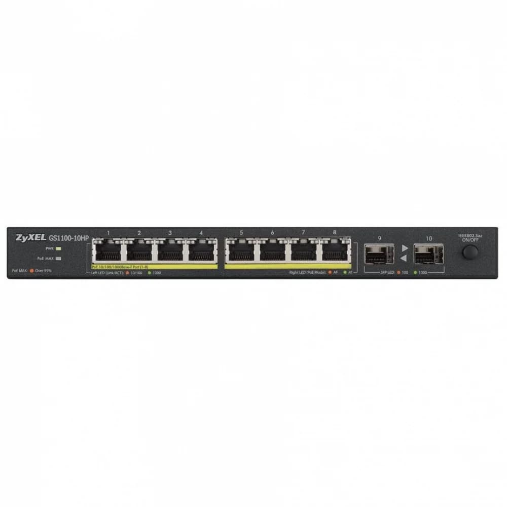 Коммутатор PoE+ Zyxel GS1100-10HP, 8xGE PoE+, 2xSFP, настольный, бесшумный, бюджет PoE 130 Вт, Kensigton lock