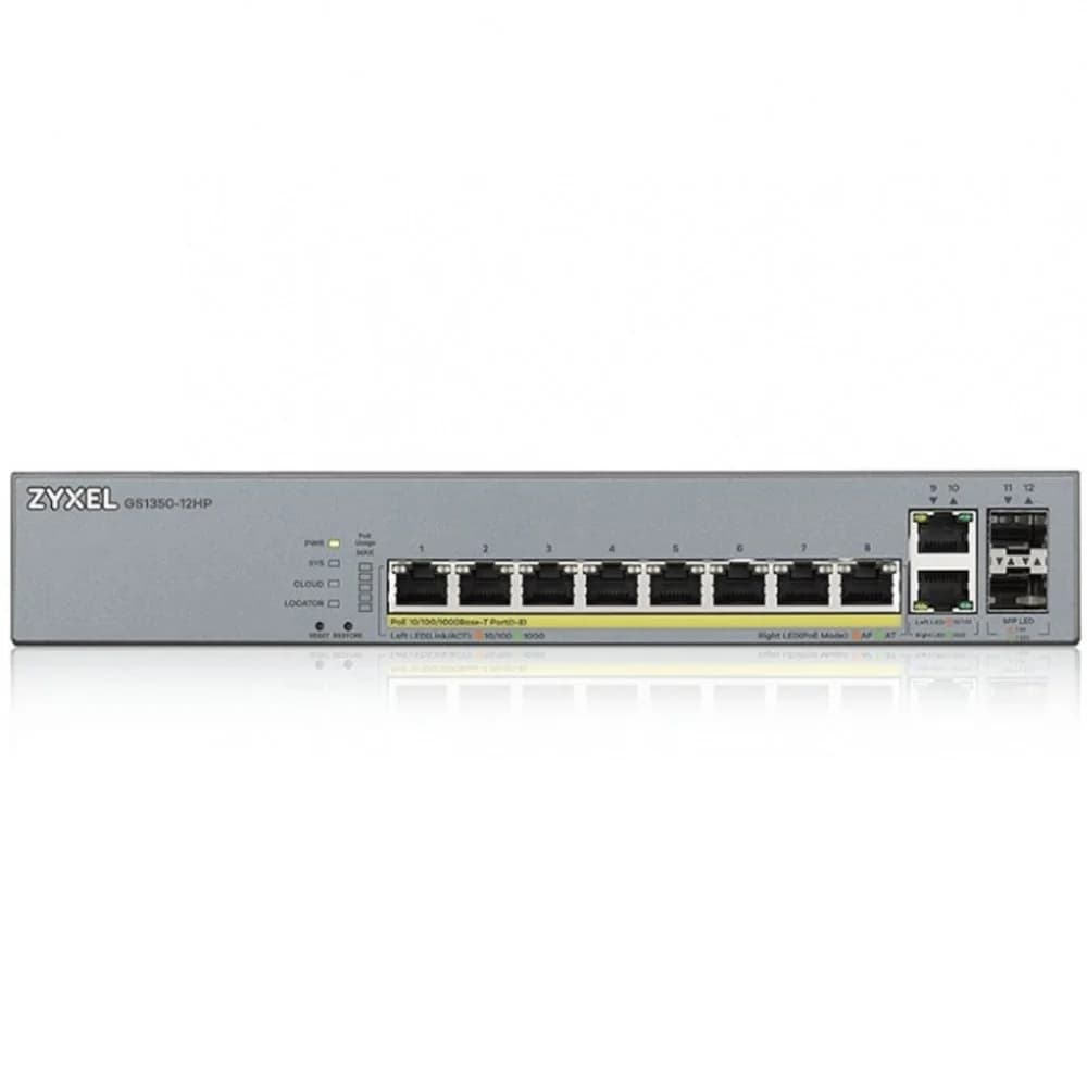 Zyxel GS1350-12HP L2 PoE + switch for IP cameras, 10xGE (8xPoE +), 2xSFP, PoE budget 130 W, power transmission distance up to 250 m, auto-reloading of PoE ports, increased overvoltage and electrosta