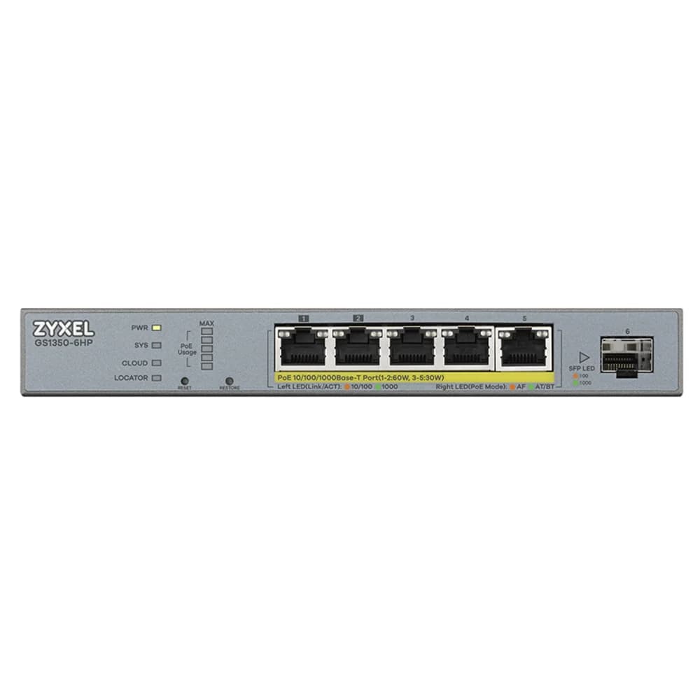 Zyxel GS1350-6HP L2 PoE + switch for Zyxel GS1350-6HP IP cameras, 4xGE PoE +, 1xGE PoE++ (802.3bt), 1xSFP, PoE budget 60 W, power transmission distance up to 250 m, auto-reloading of PoE ports, incr