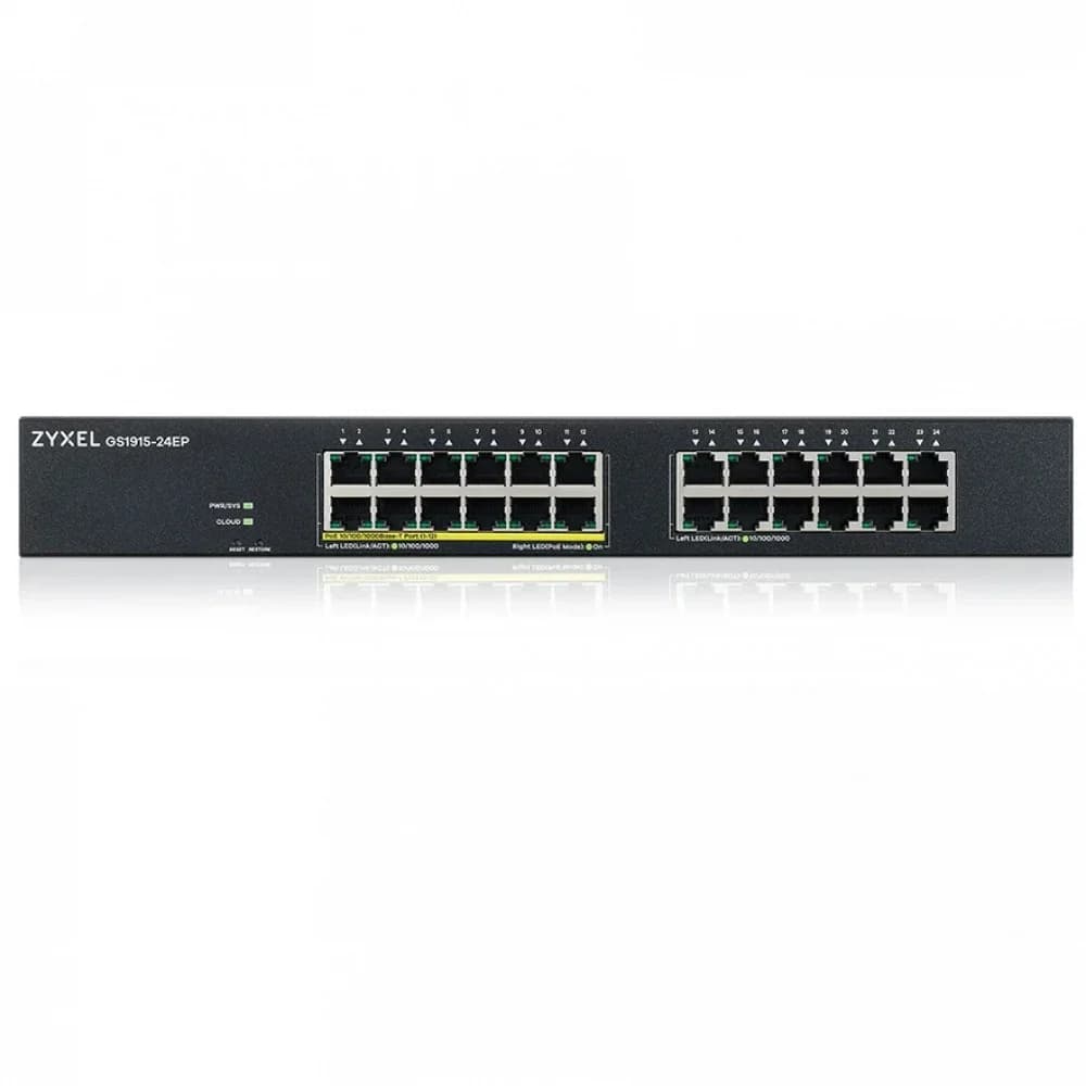 Гибридный Smart L2 коммутатор PoE+ Zyxel NebulaFlex GS1915-24EP, rack 19", 24xGE (12xPoE+), бюджет PoE 130 Вт, автономное/облачное управление