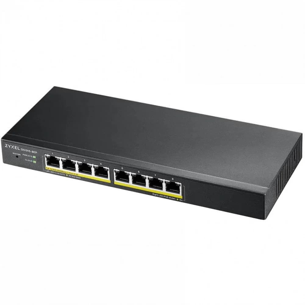 Гибридный Smart L2 коммутатор PoE+ Zyxel NebulaFlex GS1915-8EP, 8xGE PoE+, бесшумный (без вентилятора), бюджет PoE 60 Вт, автономное/облачное управление