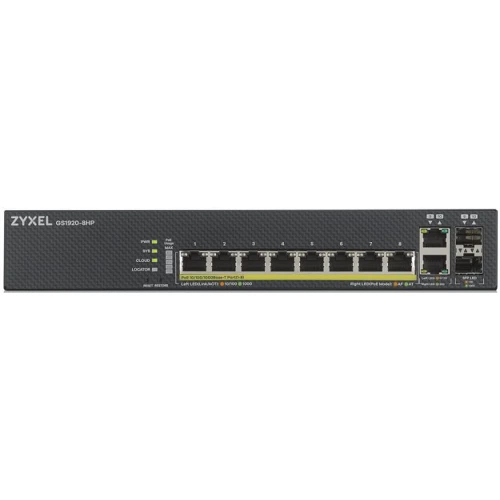 ZYXEL GS1920-8HPv2 Hybrid Smart switch PoE+ Zyxel Nebula Flex, 8xGE PoE+, 2xCombo (SFP/RJ-45), silent (fanless), budget PoE 130W, Standalone / cloud management