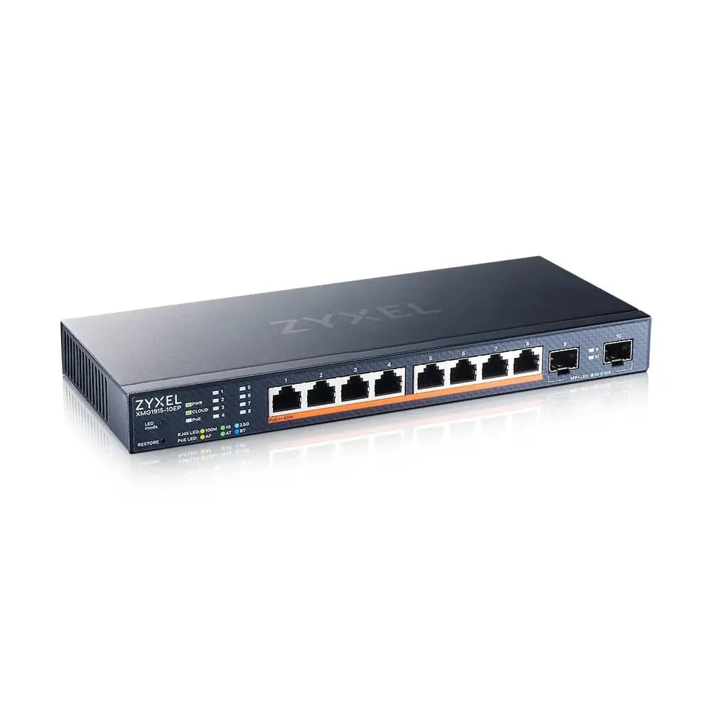 Мультигигабитный Smart L3 Lite коммутатор Zyxel NebulaFlex XMG1915-10EP, 8xRJ-45: 1/2.5G PoE++, 2xSFP+, бесшумный (без вентилятора), бюджет PoE 130 Вт