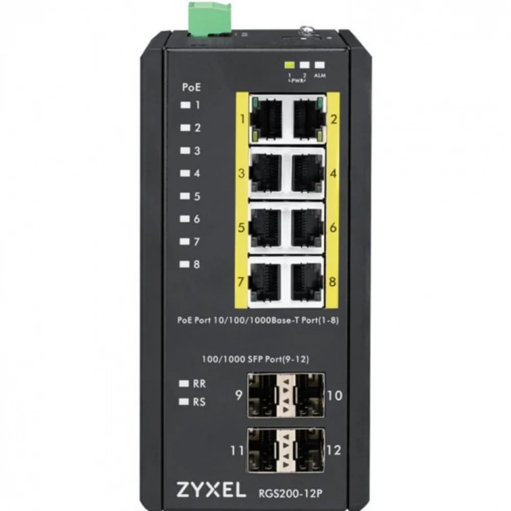 ZYXEL RGS200-12P, 12 Port managed PoE Switch, 240 Watt PoE, DIN Rail, IP30, 12-58V DC