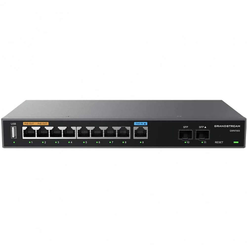 Маршрутизатор, Grandstream, GWN7003, 2x SFP, 9x GbE WAN/LAN, 1x PoE-In, 2x PoE-Out, VPN (530 Мбит/с), DPI, SDN, USB , встроенный локальный мастер GWN