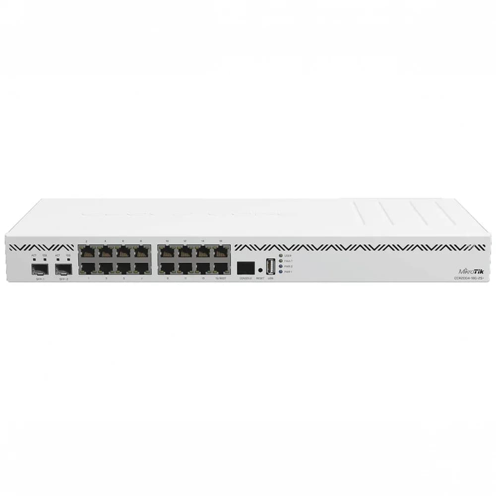 MikroTik Cloud Core Router 2004-16G-2S+ with Annapurna Labs Alpine v2 CPU with 4x ARMv8-A Cortex-A57 cores running at 1.7GHz, 4GB of DDR4 RAM, 128MB NAND storage, 16 x Gbit LAN, 2x SFP+ ports, 1U ra