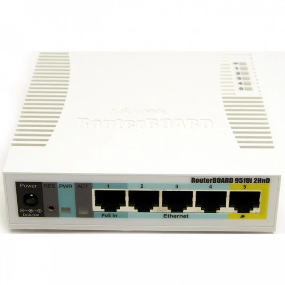 MikroTik RouterBOARD 951Ui-2HnD with 600Mhz CPU, 128MB RAM, 5xLAN, built-in 2.4Ghz 802b/g/n 2x2 two chain wireless with integrated antennas, desktop case, PSU, RouterOS L4