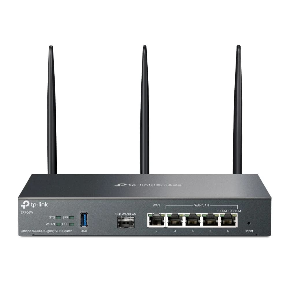 TP-Link ER706W, VPN-маршрутизатор Omada с гигабитными портами и поддержкой Wi-Fi AX3000, 1 гиг. SFP WAN/LAN, 1 гиг. RJ45 WAN, 4 гиг. RJ45 WAN/LAN, USB 3.0, до 574 М/с на 2,4 ГГц + до 2402 М/с