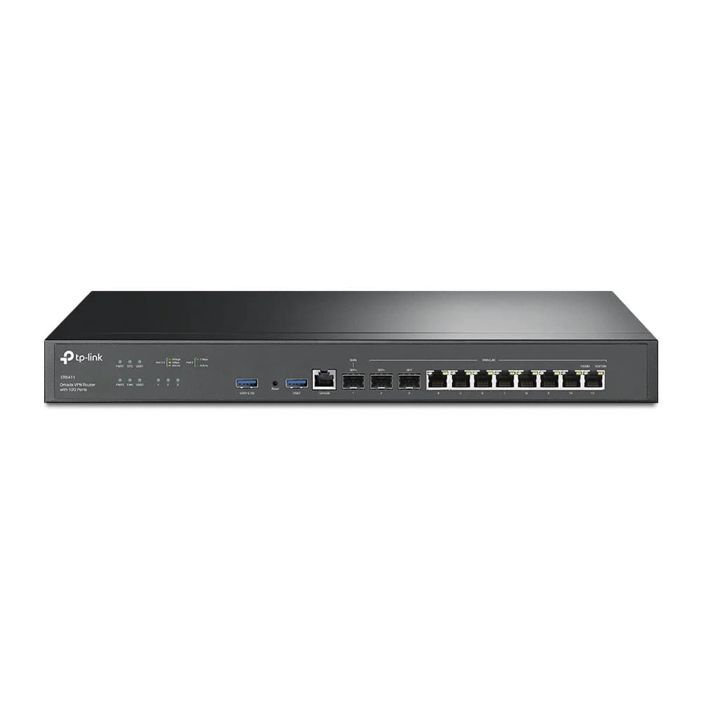 TP-Link SafeStream™ гигабитный мульти-WAN VPN-роутер, 2 порта SFP+ 10 Гбит/с (1 порт WAN, 1 порт WAN/LAN), 1 гигабитный SFP-порт WAN/LAN, 8 гигабитных портов WAN/LAN RJ45, 2 порта USB