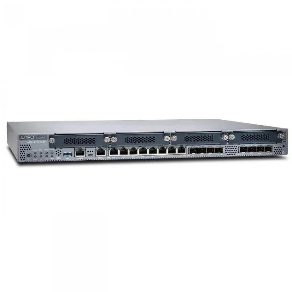 SRX340 Services Gateway includes hardware (16GE, 4x MPIM slots, 4G RAM, 8G Flash, power supply, cable and RMK) and Junos Software Base (Firewall, NAT, IPSec, Routing, MPLS and Switching).