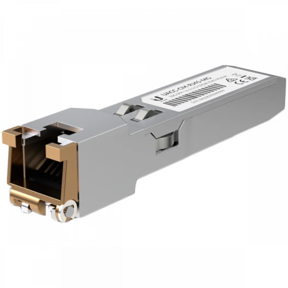 Ubiquiti UACC-CM-RJ45-MG SFP+ to RJ45 adapter, 1/2.5/5/10 GbE is a RJ45 transceiver that can be inserted into an SFP port in order to connect a copper Ethernet cable