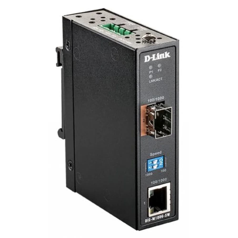 D-Link DIS-M100G-SW/A1A, DIN-Rail unmanaged industrial media converter with 1100/1000Base-T port and 11000Base-X SFP port.