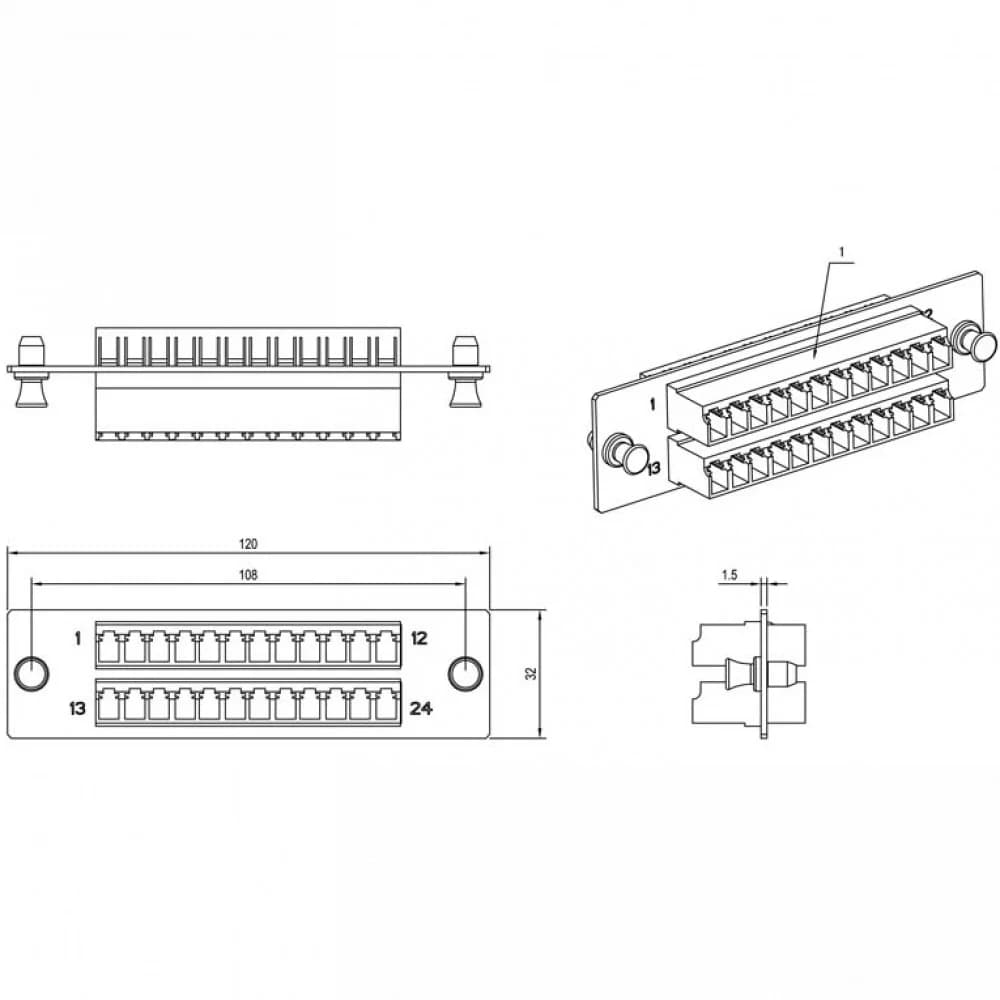 Hyperline FO-FPM-W120H32-24LC-BL Панель для FO-19BX с 24 LC адаптерами, 24 волокна, одномод OS1/OS2, 120x32 мм, адаптеры цвета синий (blue)