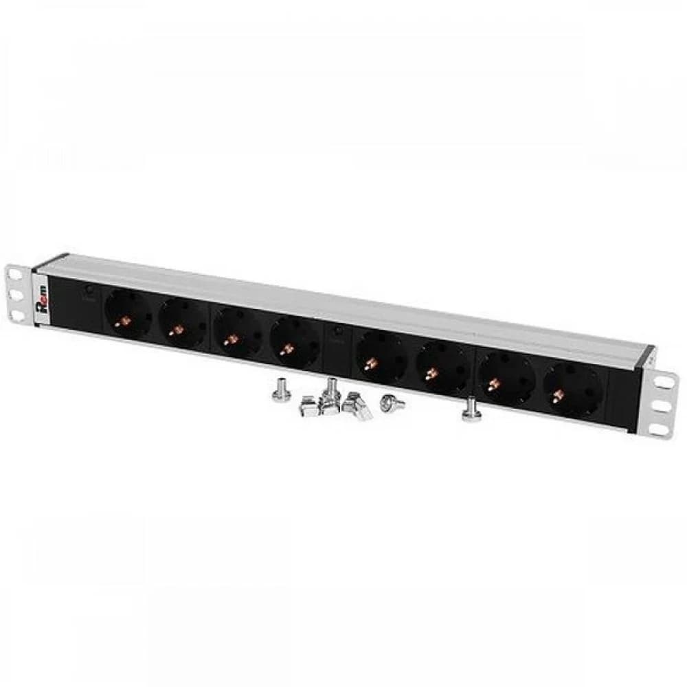 Блок розеток Rem-32 с инд., 8 Schuko, 32A, алюм., 19", колодка
