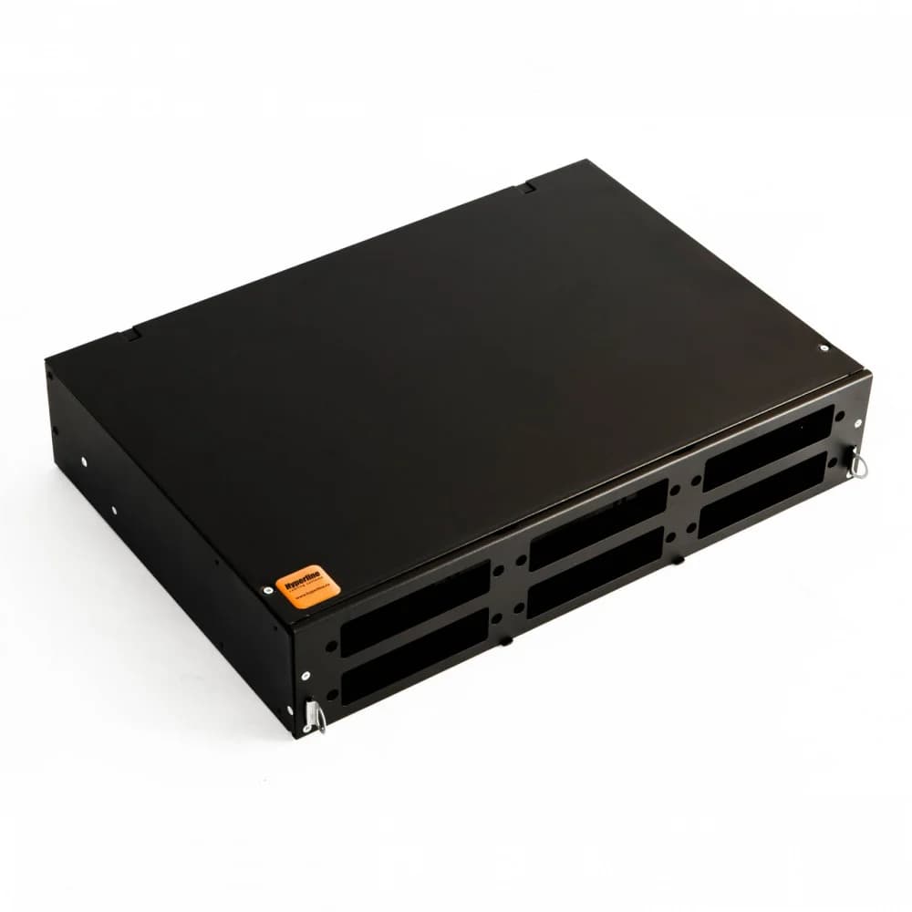 Hyperline FO-19V-2U-6xSLT-W130H30-48UN-BK Бокс оптический универсальный 19" выдвижной, с полкой, от 8 до 48 портов (SC, duplex LC, ST, FC), со сплайс пластиной, без пигтейлов и проходных адаптеров,