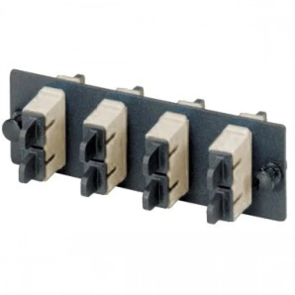 SC FAP loaded with four SC duplex multimode fiber optic adapters (Electric Ivory) with split sleeves.
