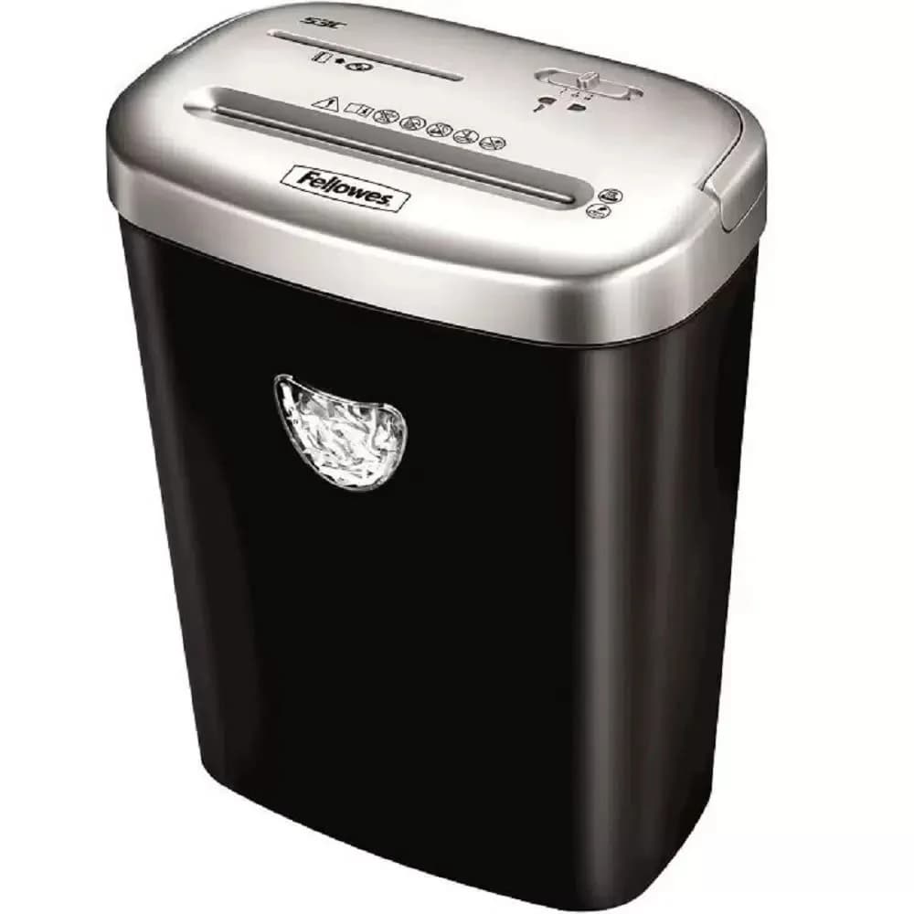 Шредер Fellowes® Powershred® 53C, DIN P-4, 4х35мм, 10лст., 23лтр.,уничт.: скобы,скр., пл.карты,CD.