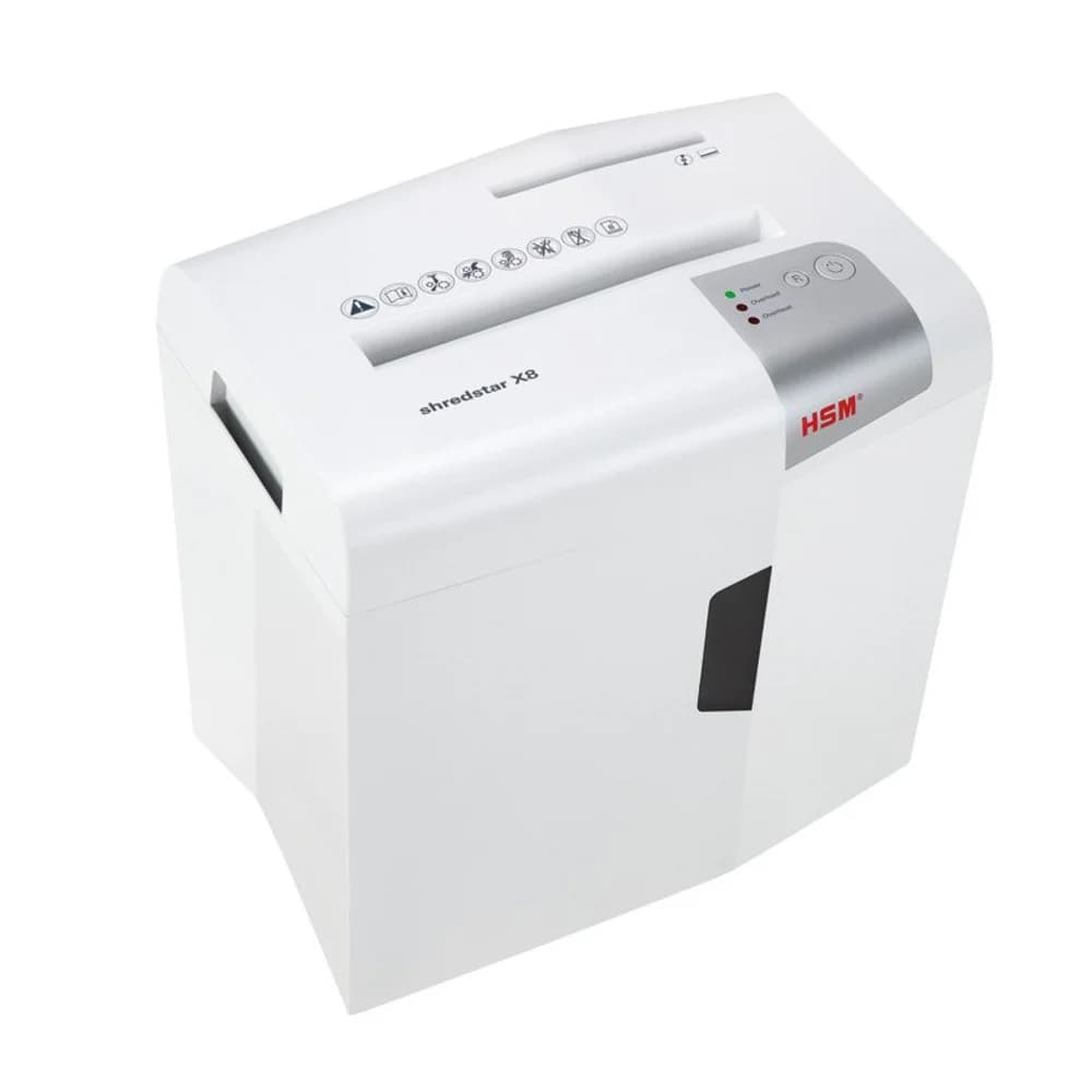 Шредер HSM Shredstar X8-4.5x30 WHITE (DIN P-4 O-1 T-2 E-2 F-1) фрагм.4,5х30мм,9 листов,18 литров,Уничт.скобы,скрепки,пл.карты,CD