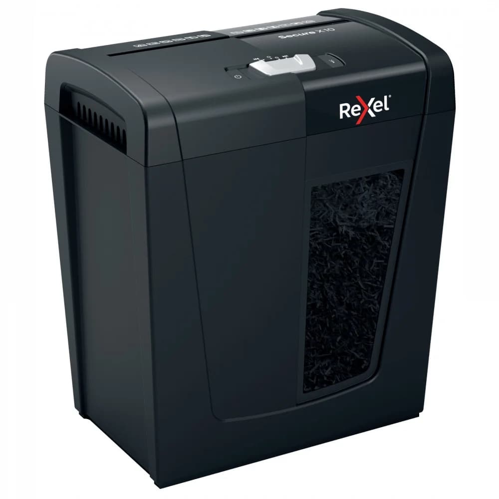 Шредер Rexel Secure X10 EU черный (секр.P-4) фрагменты 10лист. 18лтр. скрепки скобы