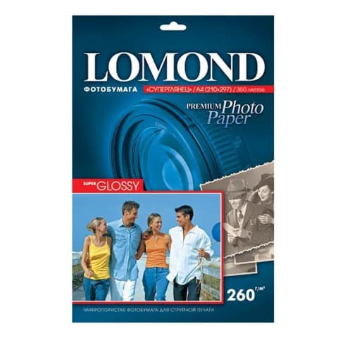 Фотобумага LOMOND Односторонняя Супер Глянцевая Белая A4, 260 г/м2, 360 листов, технологическая упаковка.